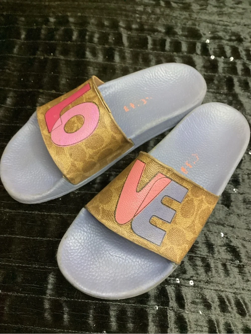 Coach Adele Pink and Gray “LOVE” Appliqué Slide Sandals 8